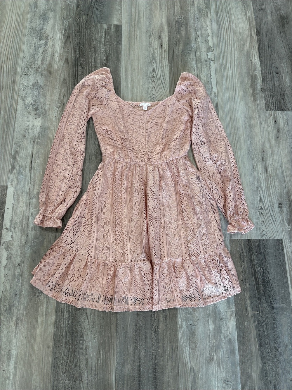 LC Lauren Conrad Blush Pink Lace Long-Sleeve Ruffle Hem Dress